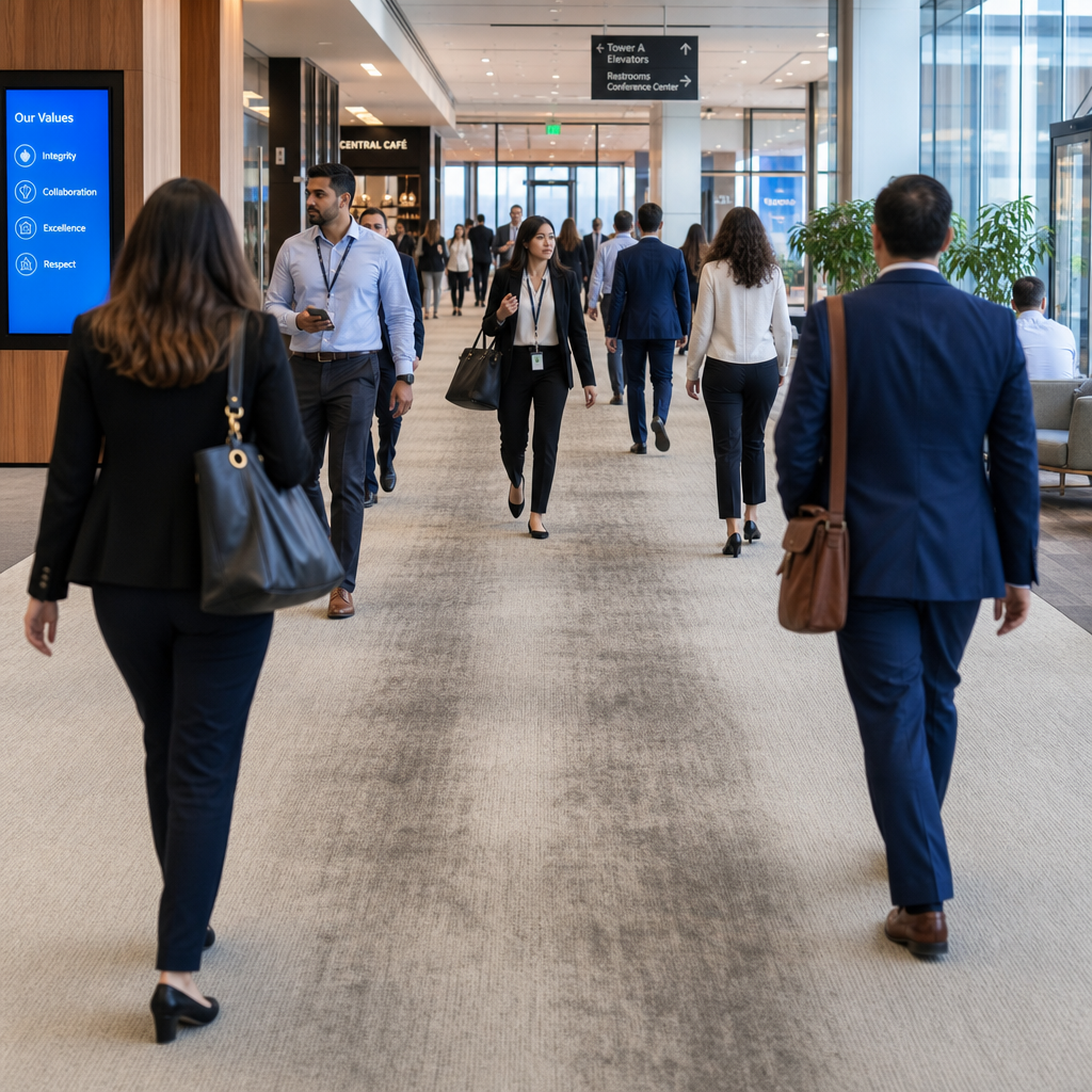 Busy commercial office hallway with high foot traffic across carpet