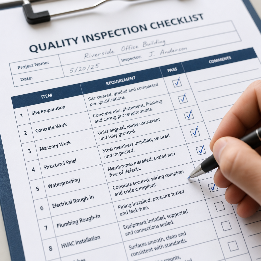 Quality assurance inspection checklist being completed with pen marks