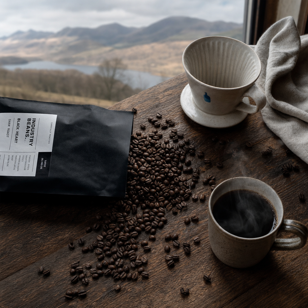 Dark roast coffee beans and brewing equipment on a wooden table with Lake District landscape visible