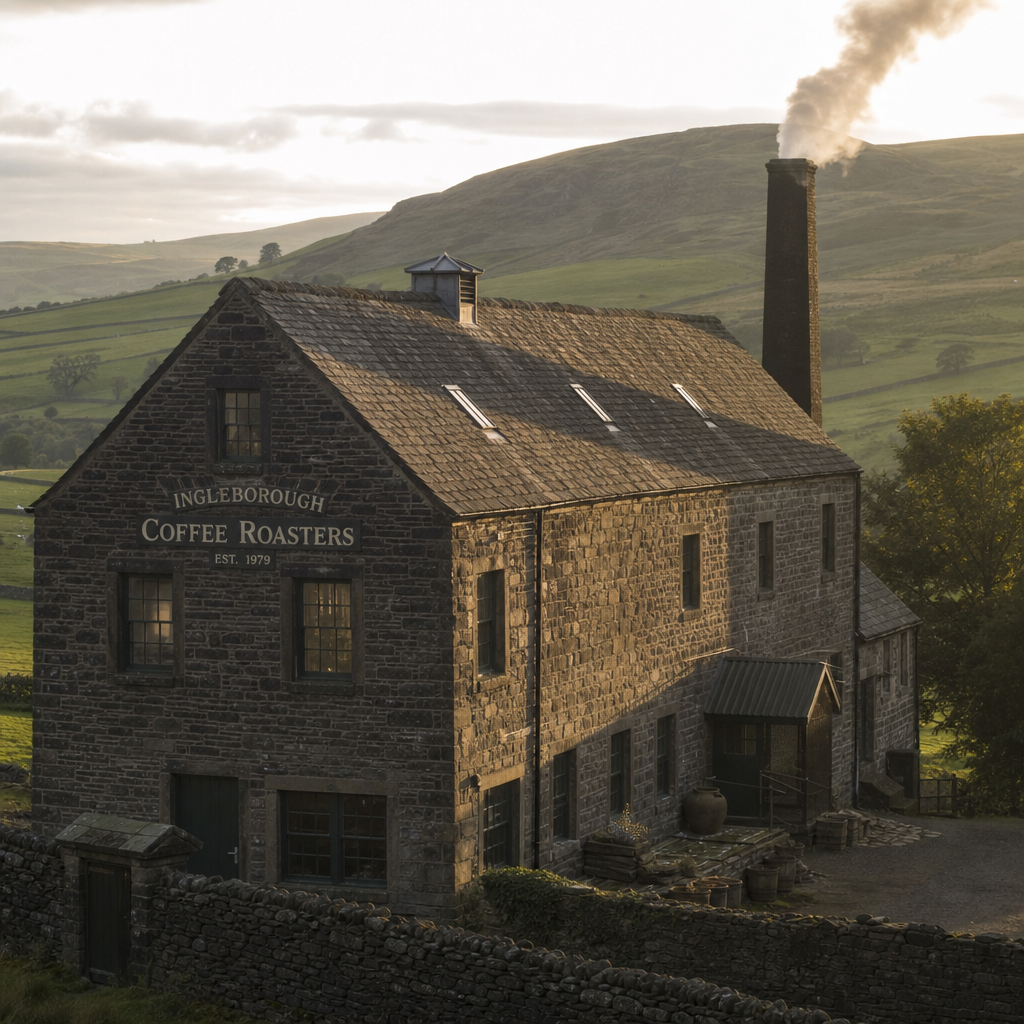 Traditional stone coffee roastery building in rolling Lake District countryside at sunset