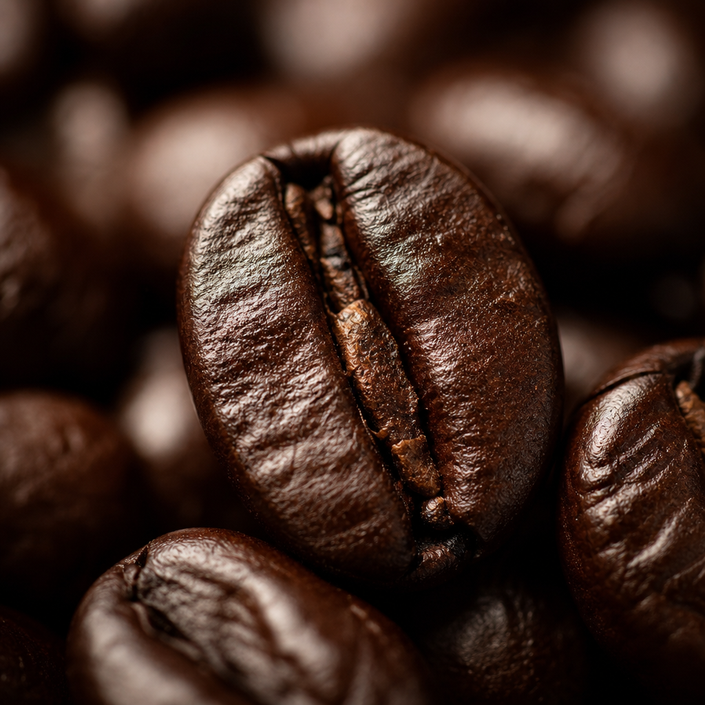 Macro detail of glossy dark roasted coffee beans showing rich color and texture