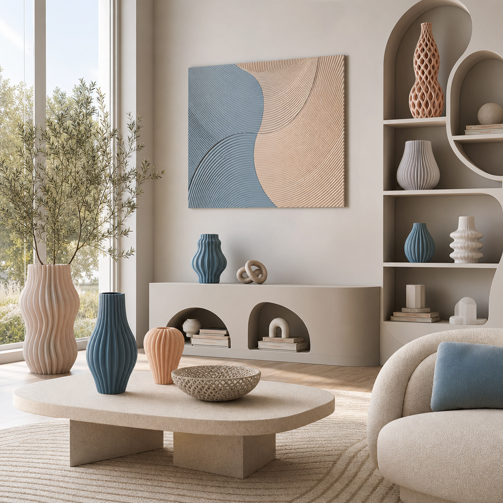 Modernes Wohnzimmer mit farbigen 3D-gedruckten Dekorationsobjekten in organischen Formen