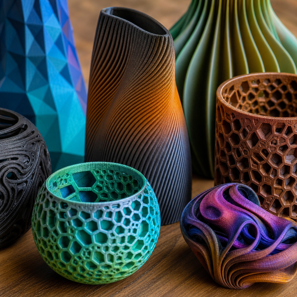 Detailansicht von farbigen 3D-gedruckten Dekorobjekten mit komplexen Formen und Texturen