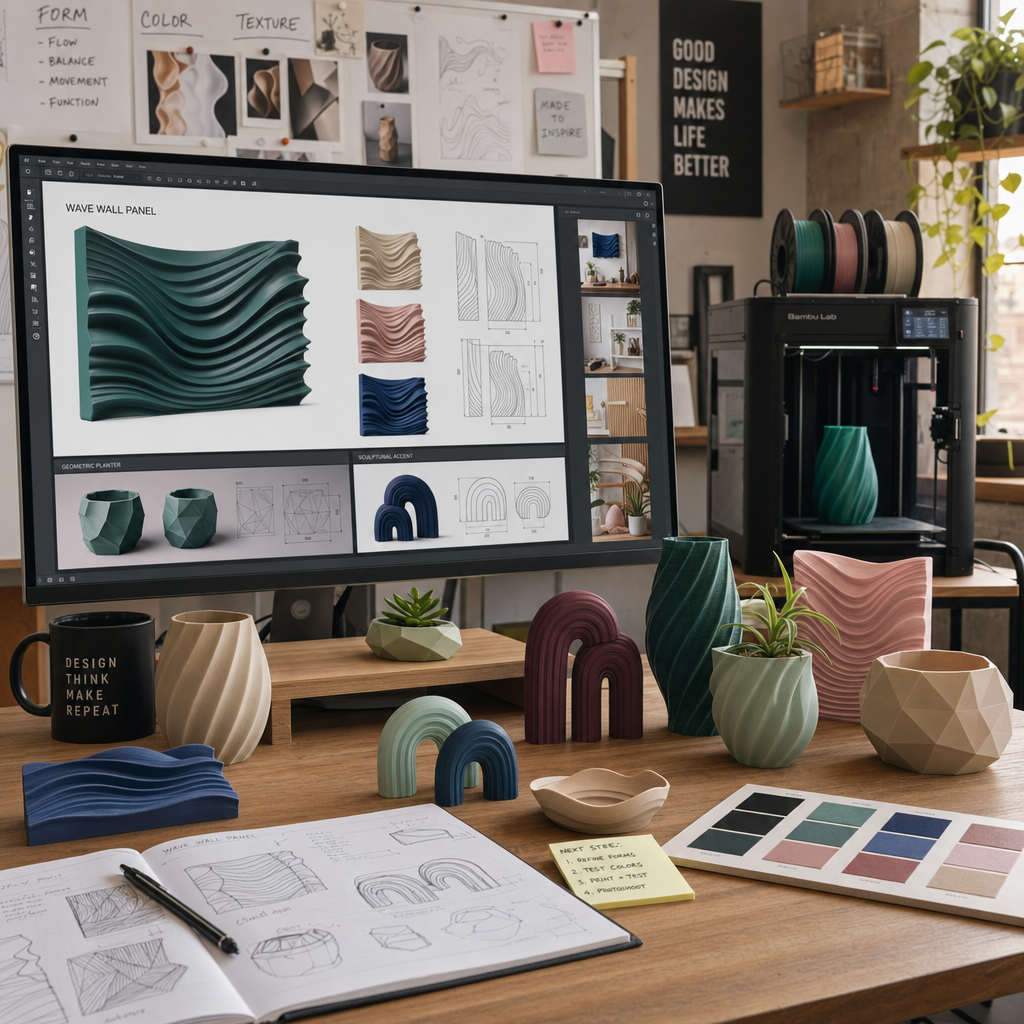 Designer-Arbeitsplatz mit 3D-gedruckten Heimdeko-Prototypen in individuellen Farben und Formen