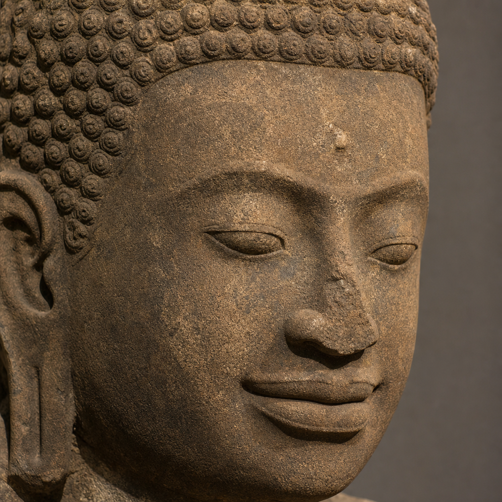 Détail d'une tête de Bouddha Khmer en grès avec une expression sereine et des boucles de cheveux sculptées