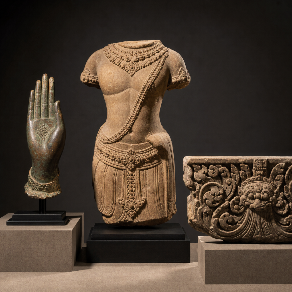 Collection de fragments d'art khmer, notamment une main de Bouddha en bronze et des pièces en pierre sculptée