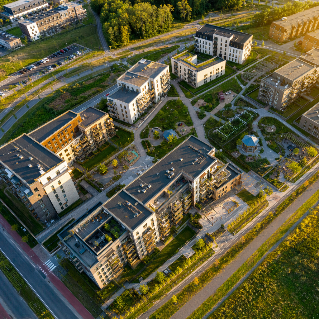 Droneview af boligkompleks med flere bygninger, grønne områder og vejanlæg