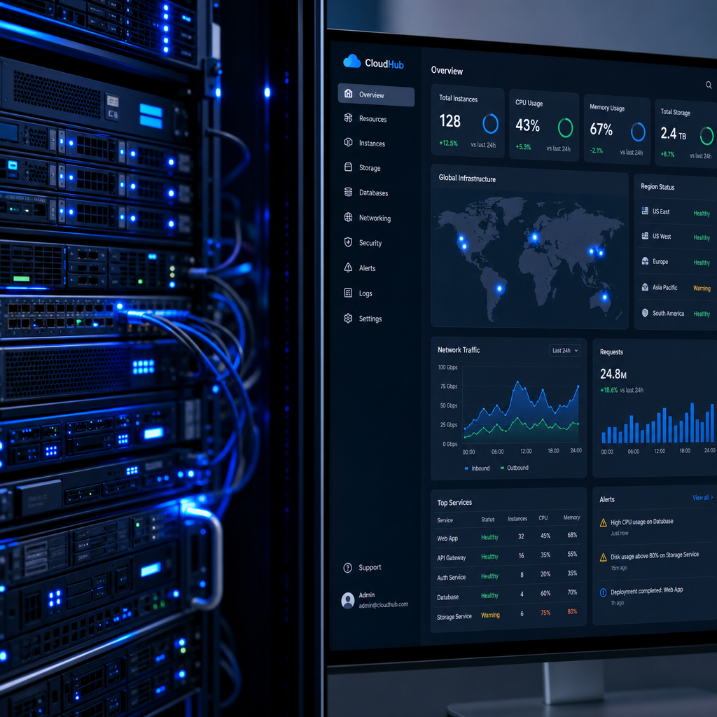 Teknisk maskinrum sammenlignet med cloud-baseret digitalt dashboard