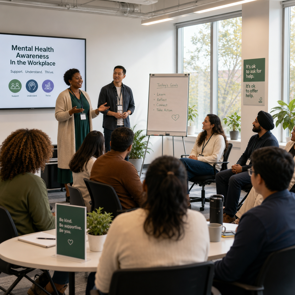 Employees participating in mental health training and workplace wellness program