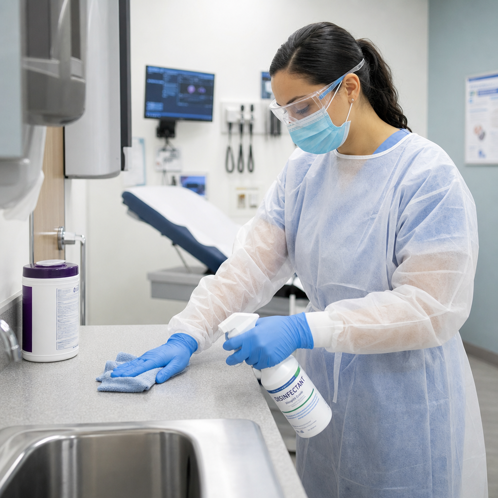 Healthcare professional disinfecting medical examination room surfaces in a medical center cleaning process with hospital-grade cleaner