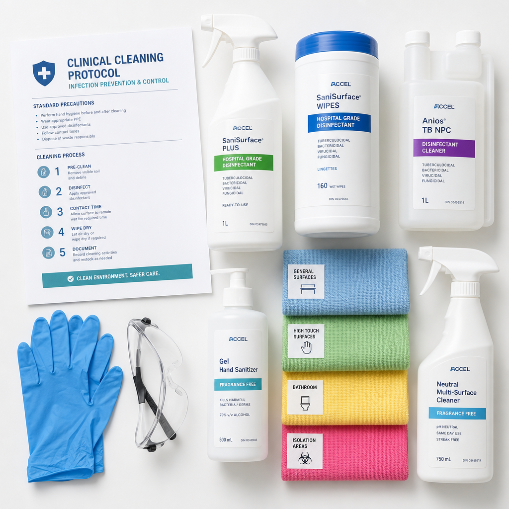 Collection of hospital-approved disinfectant products and cleaning supplies for medical center cleaning services 