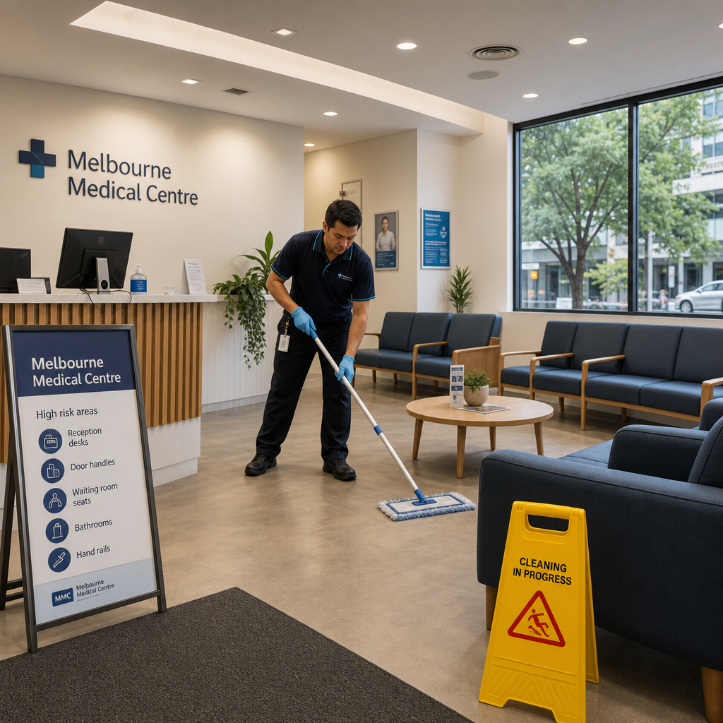 Medical centre waiting room undergoing professional cleaning and disinfection procedures