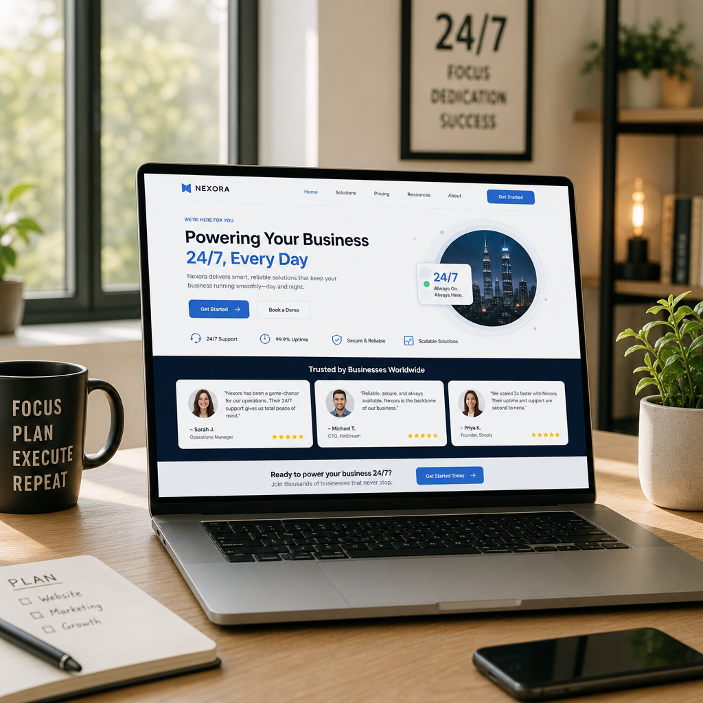 Modern small business website displayed on laptop in home office with natural lighting