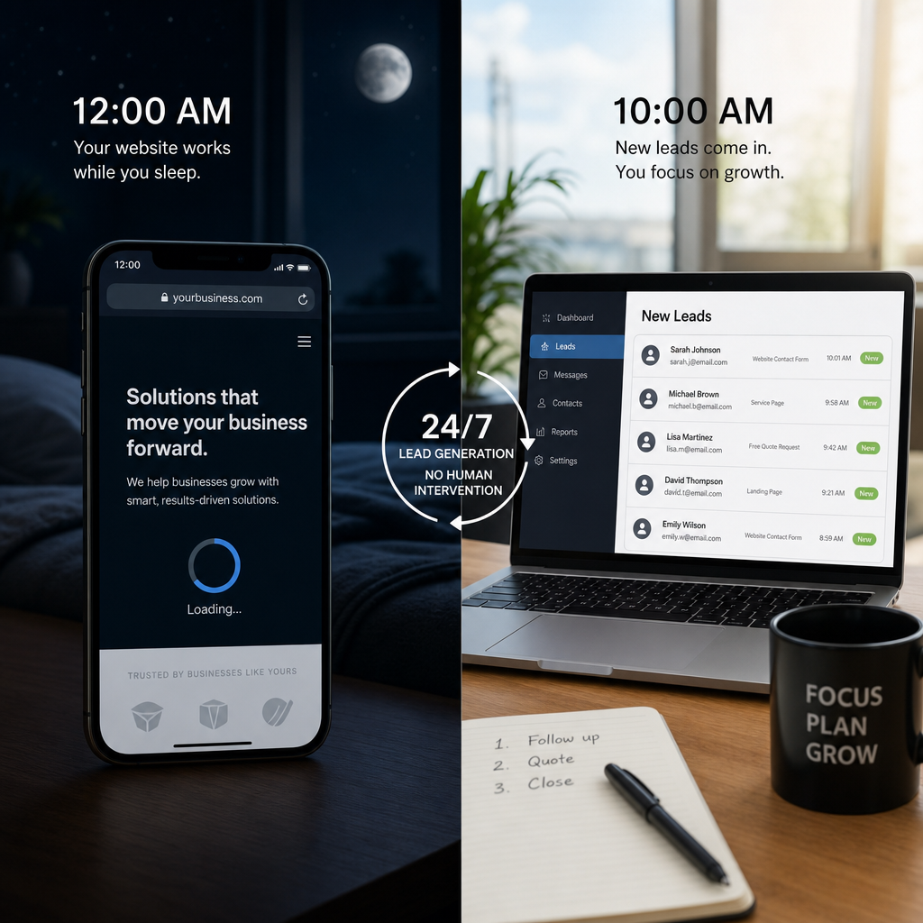 Smartphone and desktop device showing website access at different times of day, representing 24/7 lead generation
