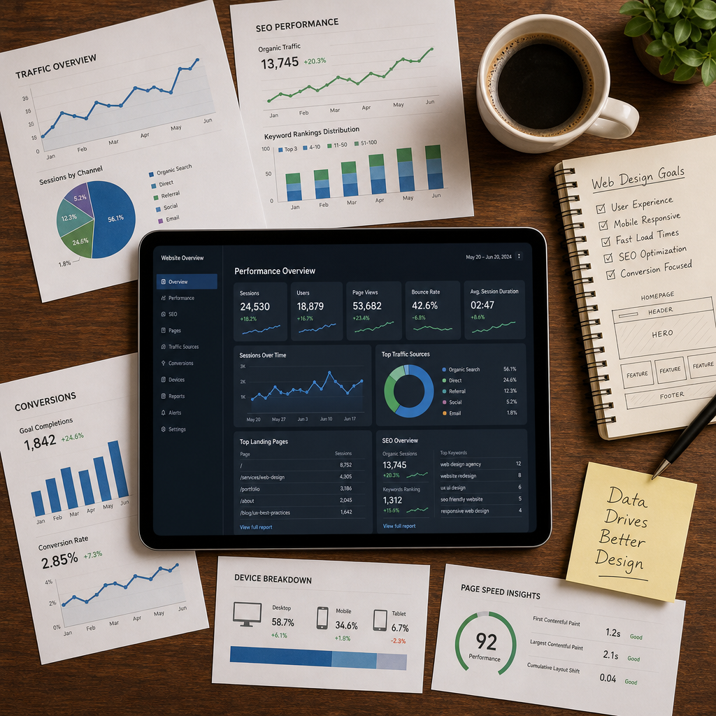 Workspace showing website analytics, SEO metrics, and performance data on tablet with business materials