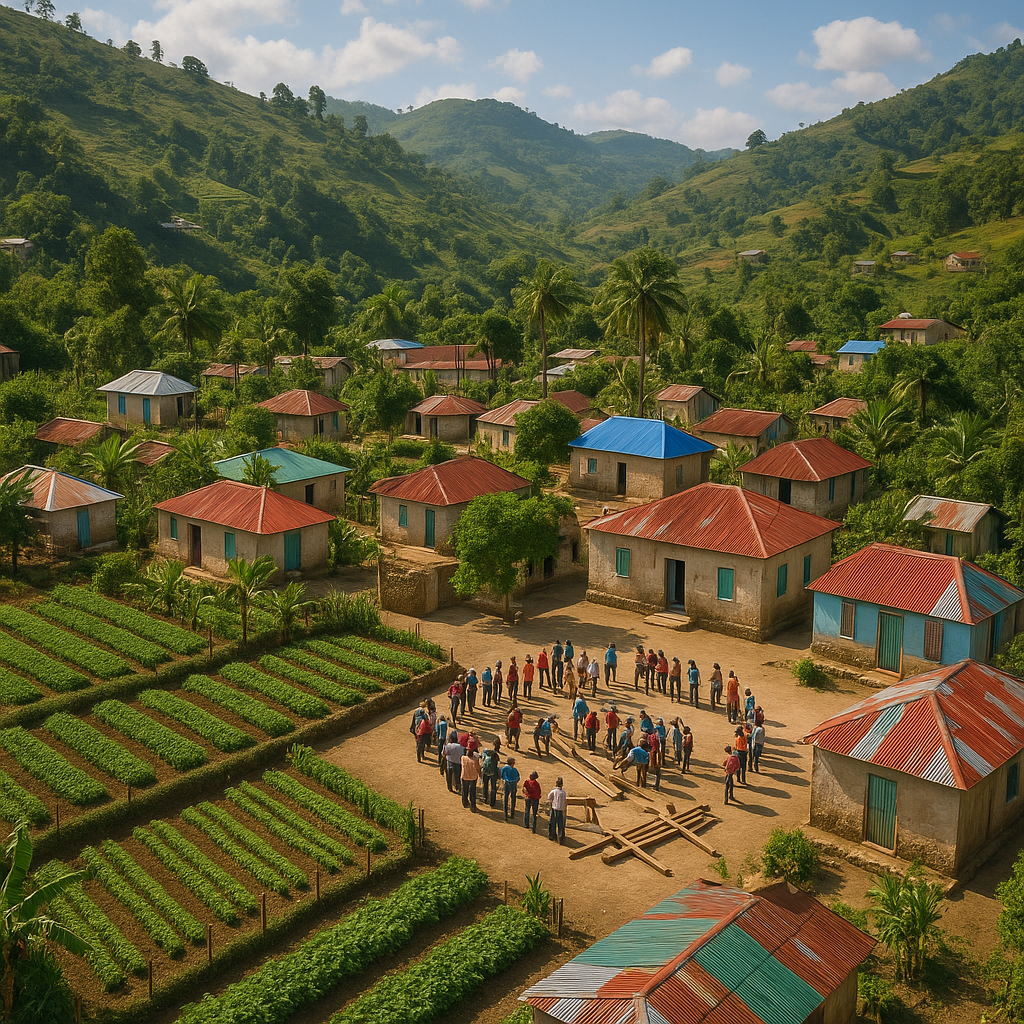 Aerial view of a rural Haitian community village with colorful homes and active community gardens