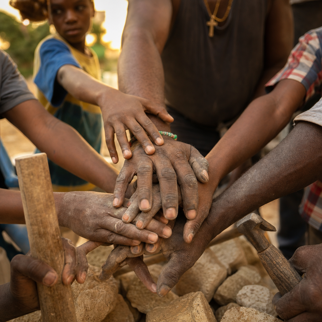 Hands of community members joining together in collaborative development work