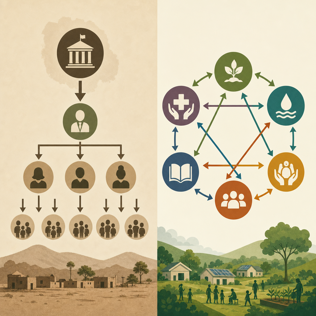 Visual comparison of hierarchical aid model versus interconnected community-led development structure