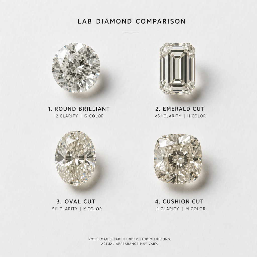 Four lab diamonds arranged showing different grades of clarity, color, and cut quality
