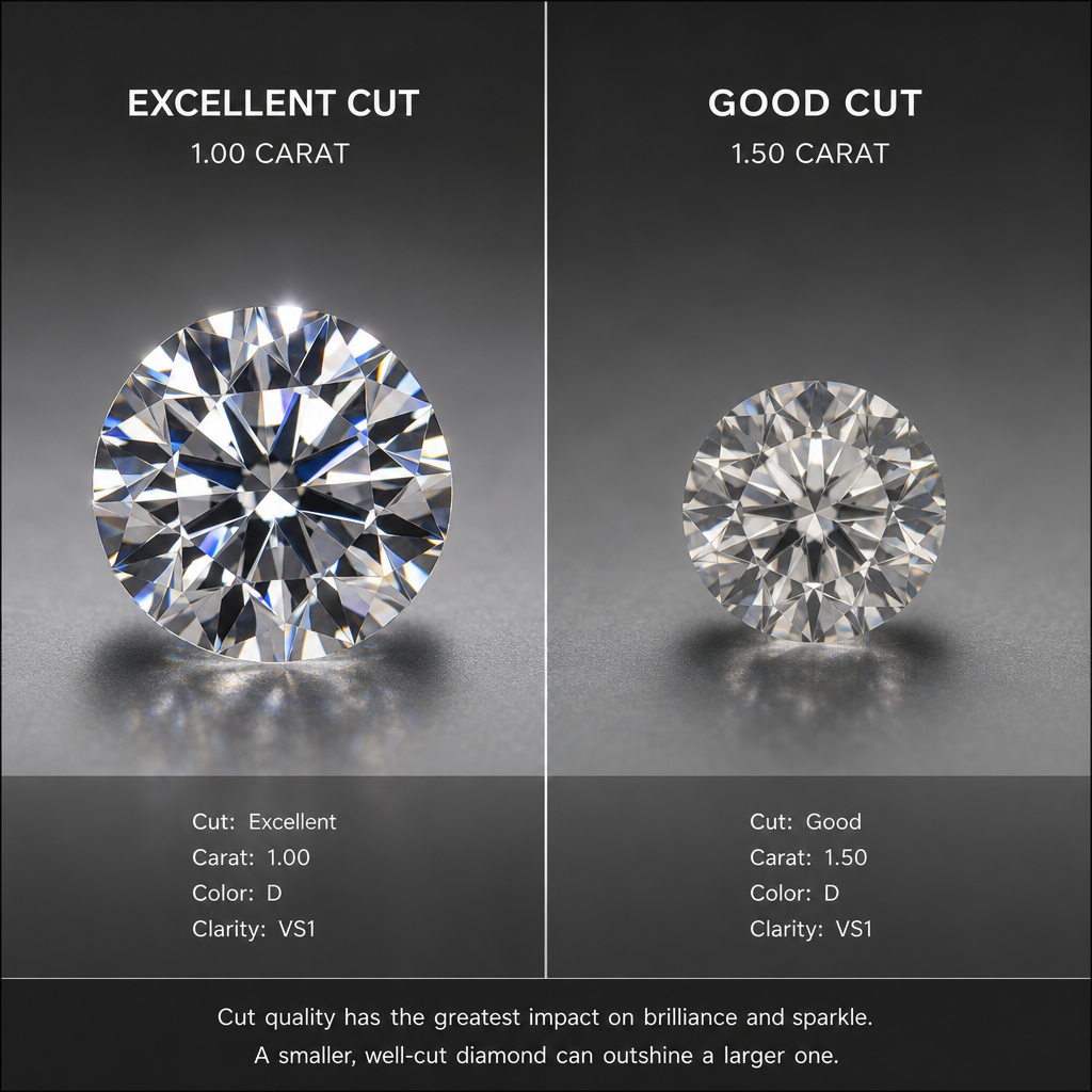 Two lab diamonds of different sizes under identical lighting showing how cut impacts brilliance