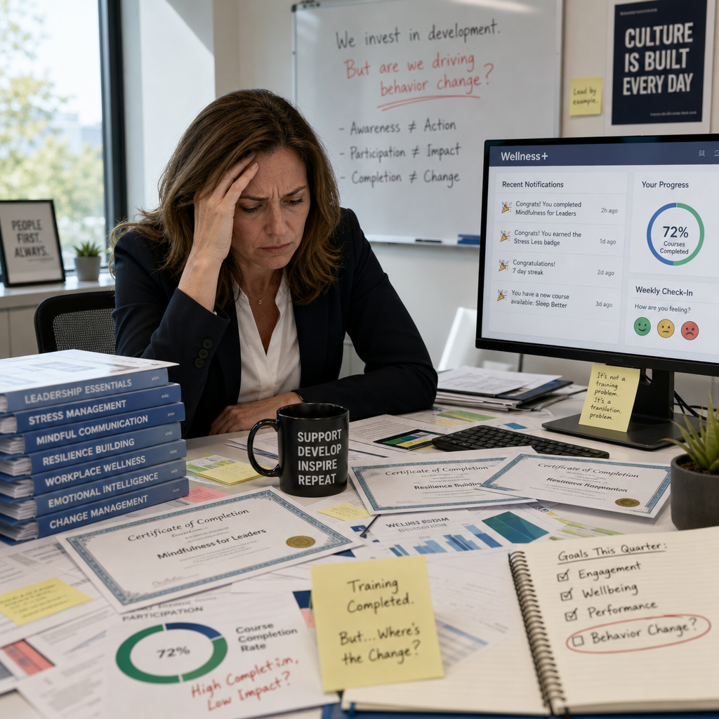 Manager surrounded by training materials appearing unmotivated at desk