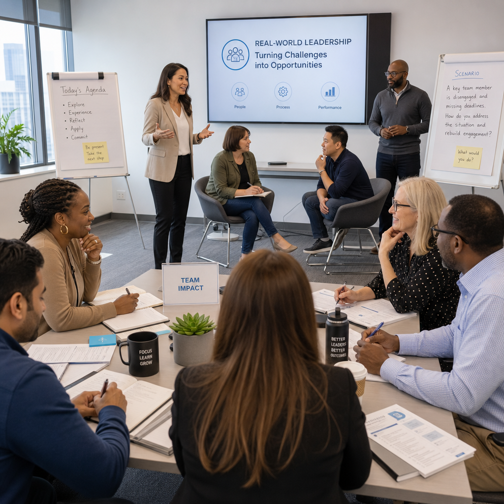 Managers participating in interactive peer-led training discussion