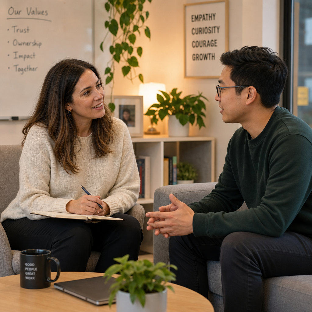 Manager and employee in open conversation demonstrating workplace psychological safety