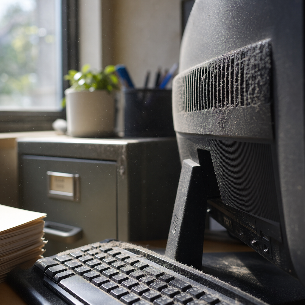 Accumulated dust and grime on office equipment and surfaces that routine cleaning misses