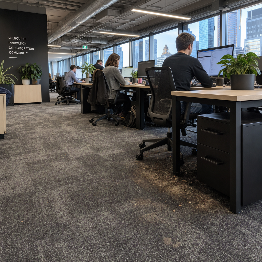 Open office floor space showing carpet wear and hidden dirt accumulation in high-traffic areas