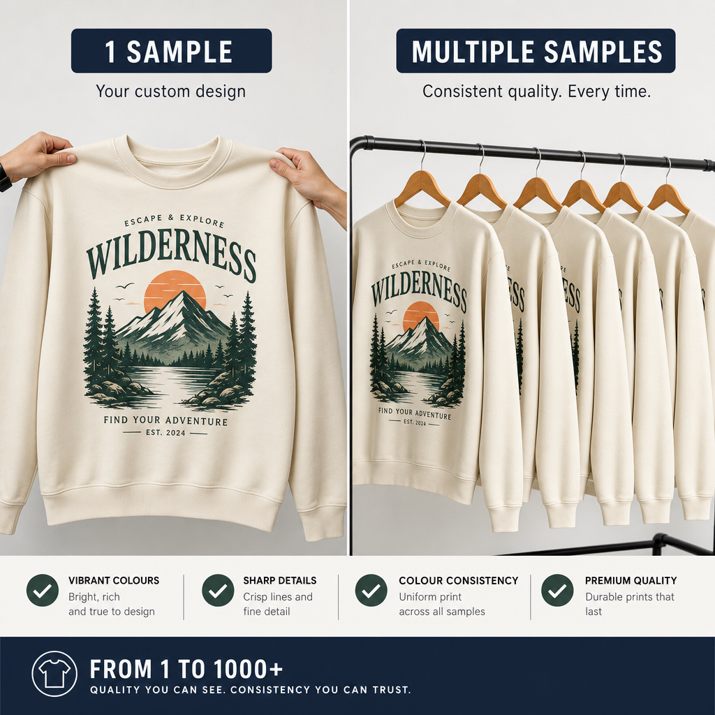 Comparison of single and bulk custom printed workwear showing design consistency and quality