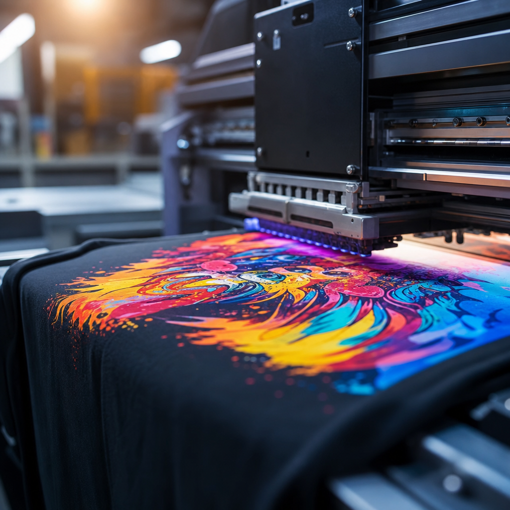 Detailed close-up of custom printing process transferring vibrant design onto workwear fabric