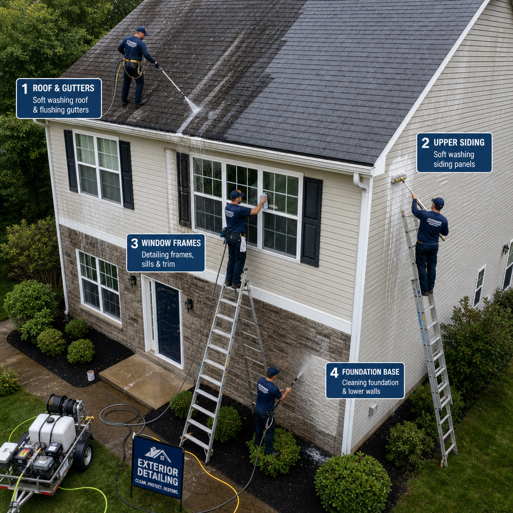 Overhead view of residential home exterior showing multiple detailing service work zones