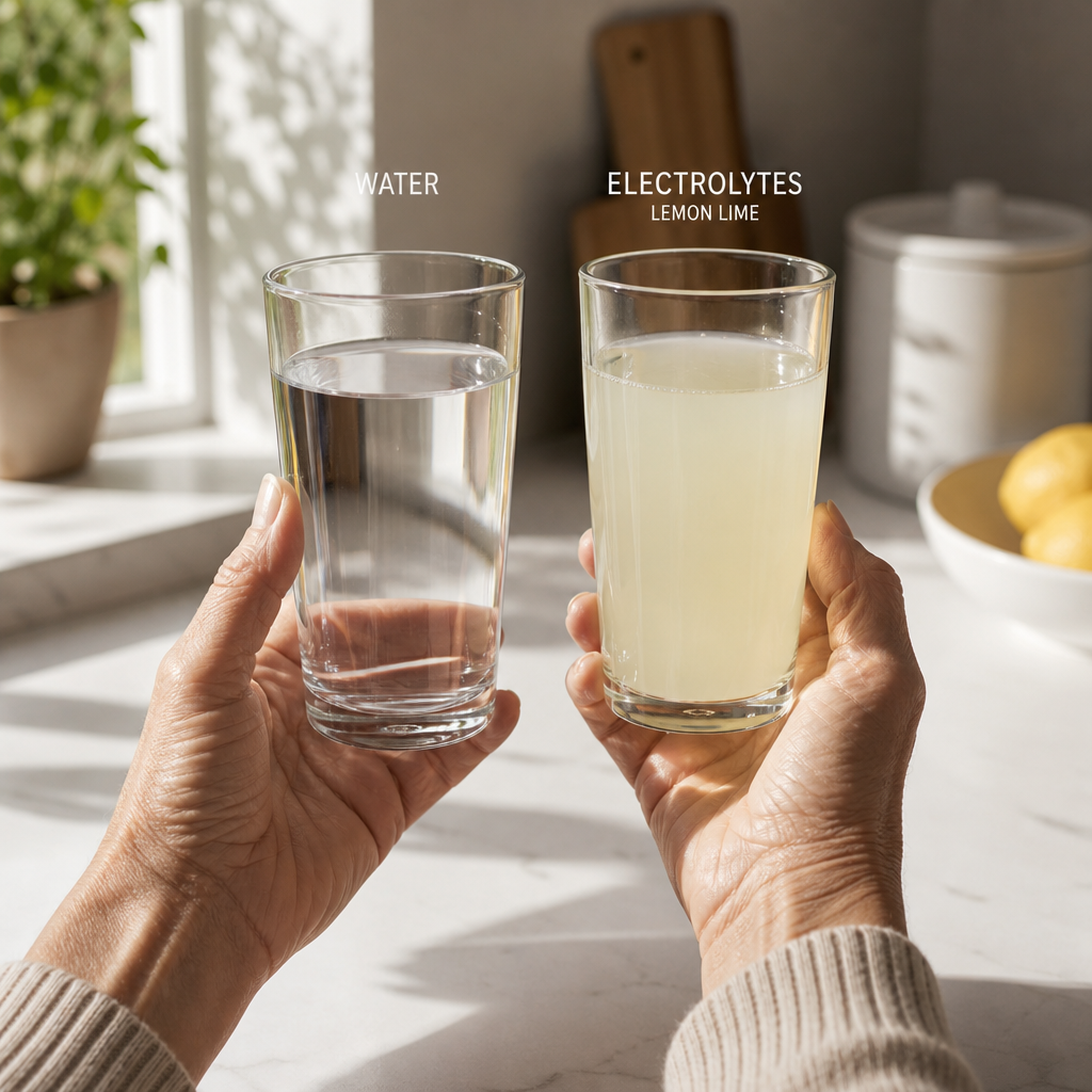 Older adult holding a glass of electrolyte drink in natural morning light