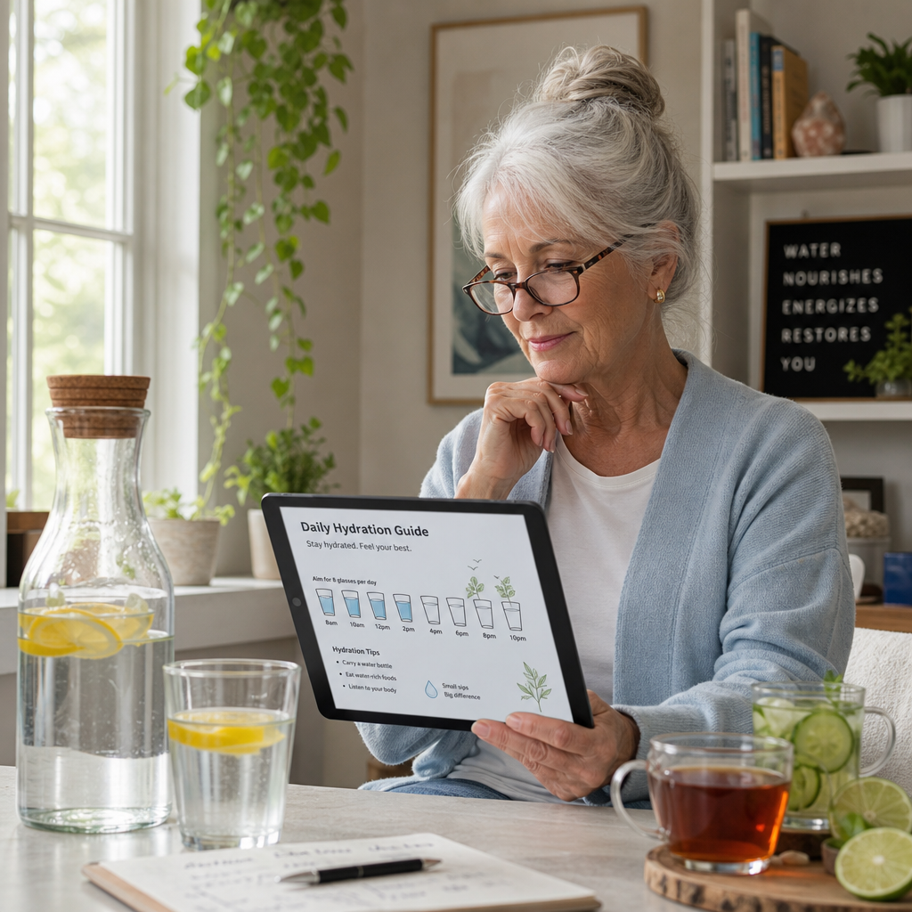 Senior woman reviewing hydration information on tablet at home