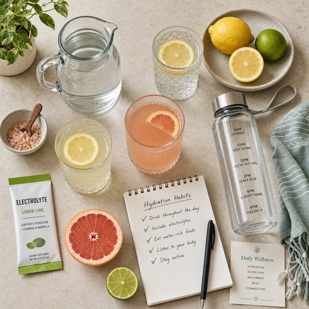 Flat-lay arrangement of electrolyte drinks and hydration products for seniors