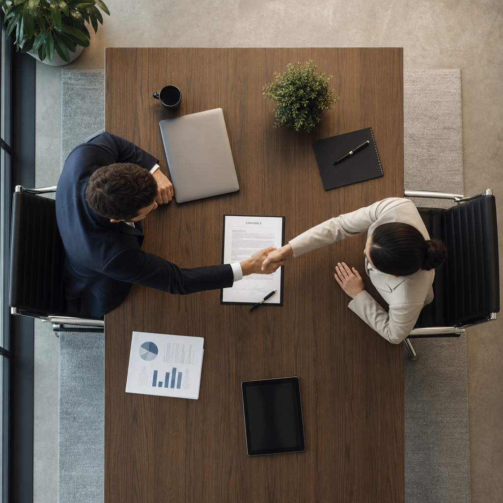 Business professionals closing a deal with a handshake over signed documents