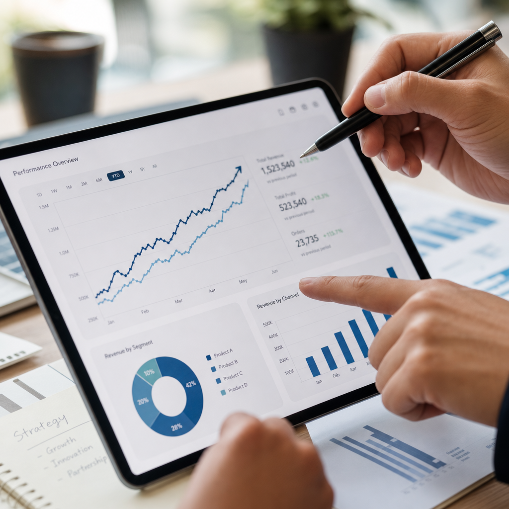 Hands reviewing financial data and performance metrics on a tablet screen