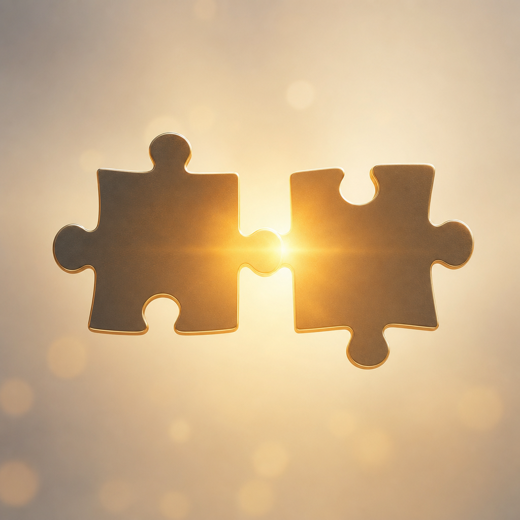 Two puzzle pieces connecting together representing deal structuring and agreement