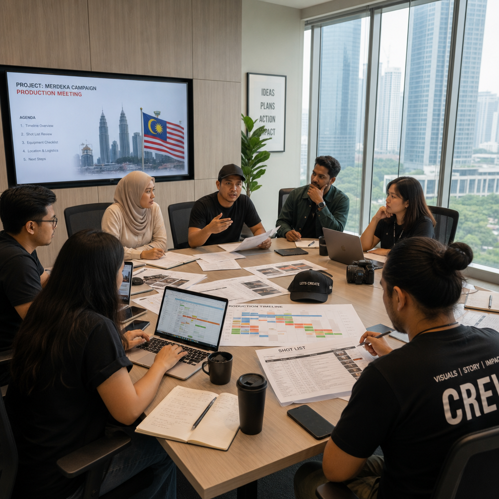 Production team reviewing event coverage timeline and shot lists in a conference room meeting
