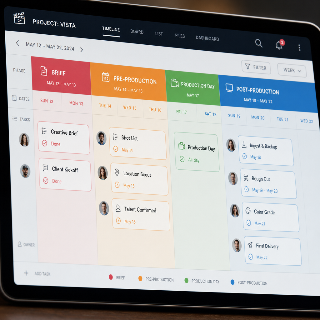Digital production timeline phases displayed on project management software on tablet