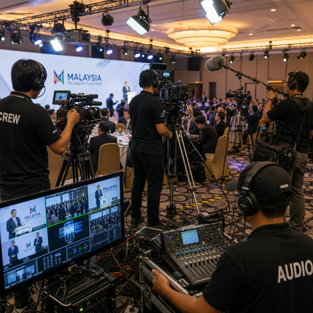 Professional video production crew capturing corporate event with multiple cameras and lighting equipment