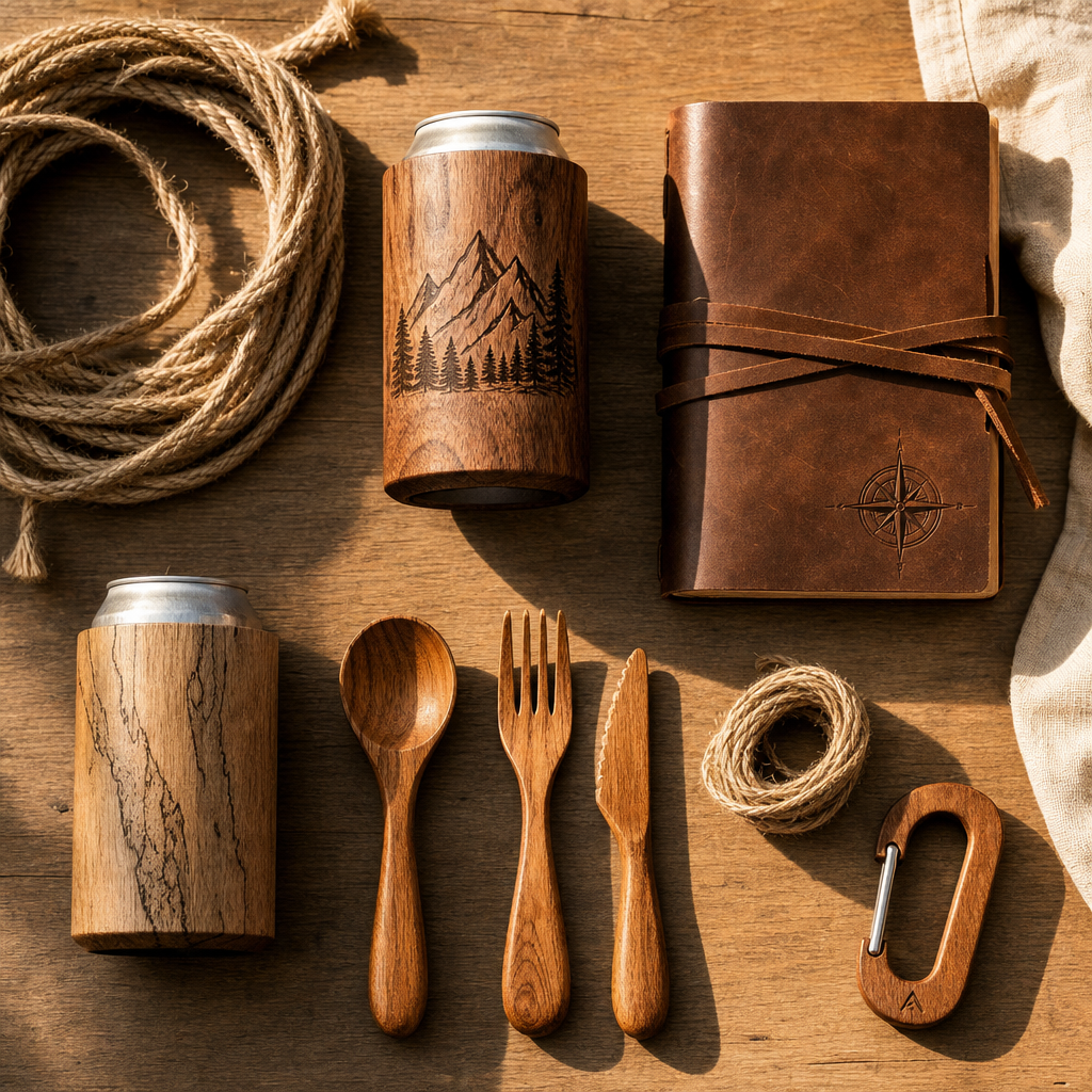 Artisan outdoor accessories including wooden can insulators and handcrafted items arranged on natural wood