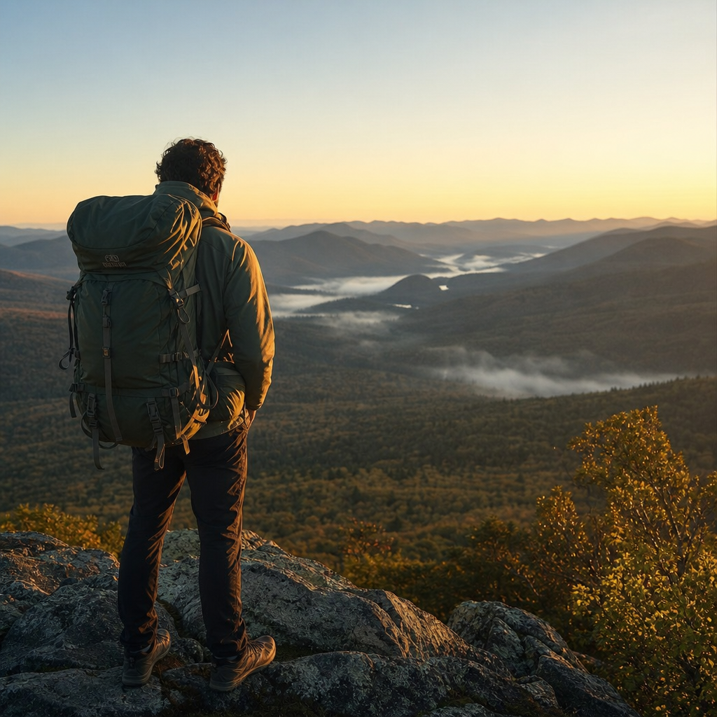 Experienced hiker standing at mountain summit overlooking forested landscape at sunrise