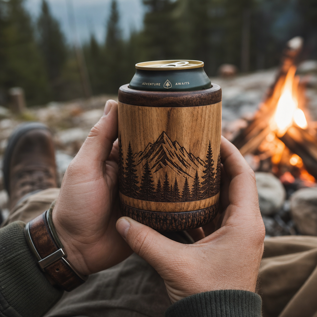 Hands holding handcrafted wooden can insulator by a campfire in natural outdoor setting