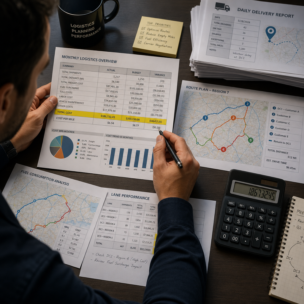 Logistics manager analyzing transport data and cost reports at desk