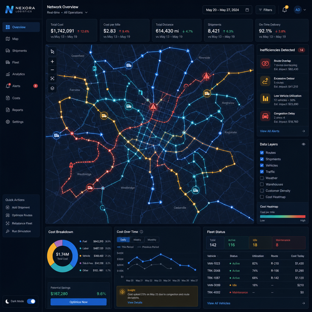 Abstract transport network visualization showing routes and hidden cost inefficiencies