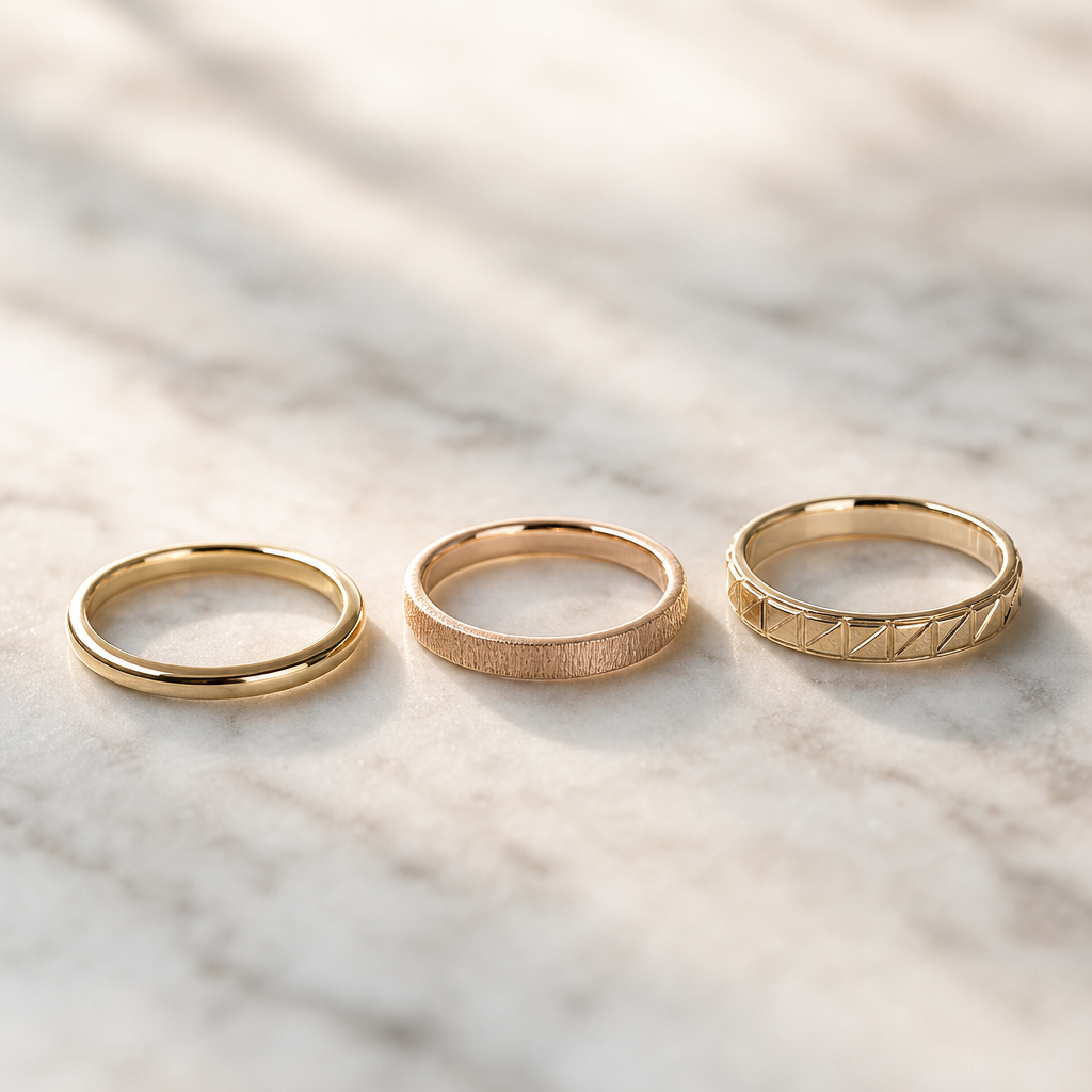 Three stackable wedding bands arranged in varying heights displaying different surface textures