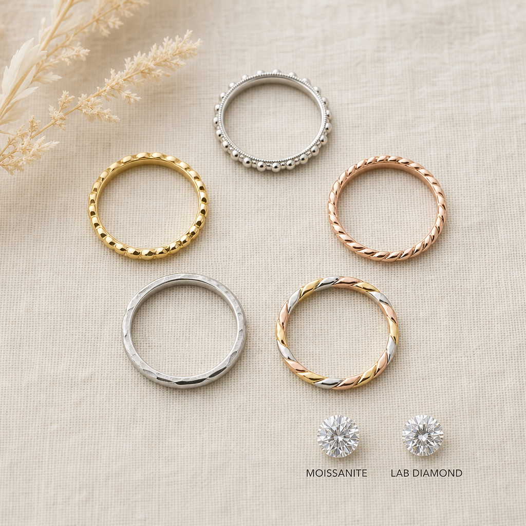 Five stackable wedding bands in different metal colors arranged in a circle with gemstone samples