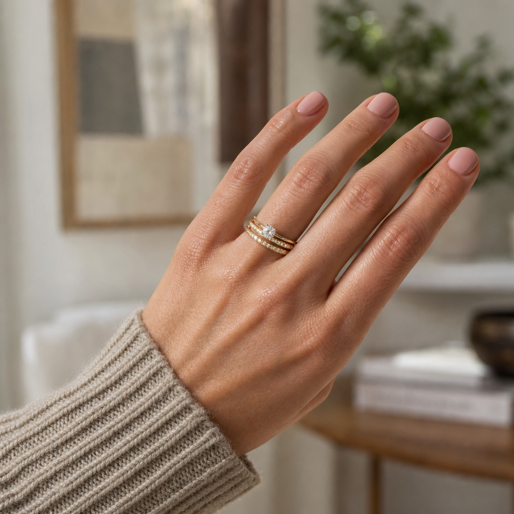 Hand displaying a completed three-band wedding ring stack with soft background