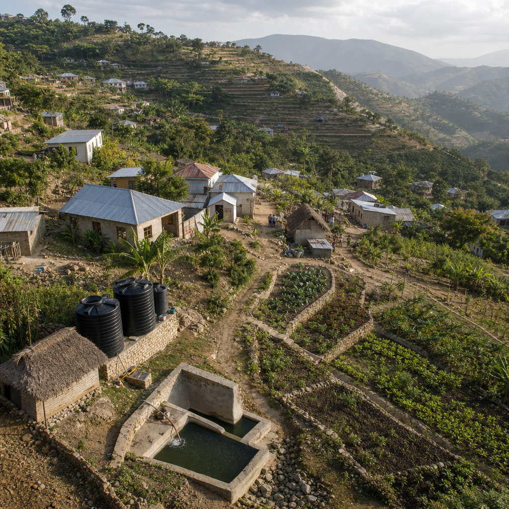 Aerial view of a rural Haitian community with homes and sustainable farming infrastructure